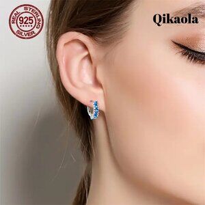 Beautiful Huggie Hoop Earrings with Blue Zircon Heart Shaped Stones